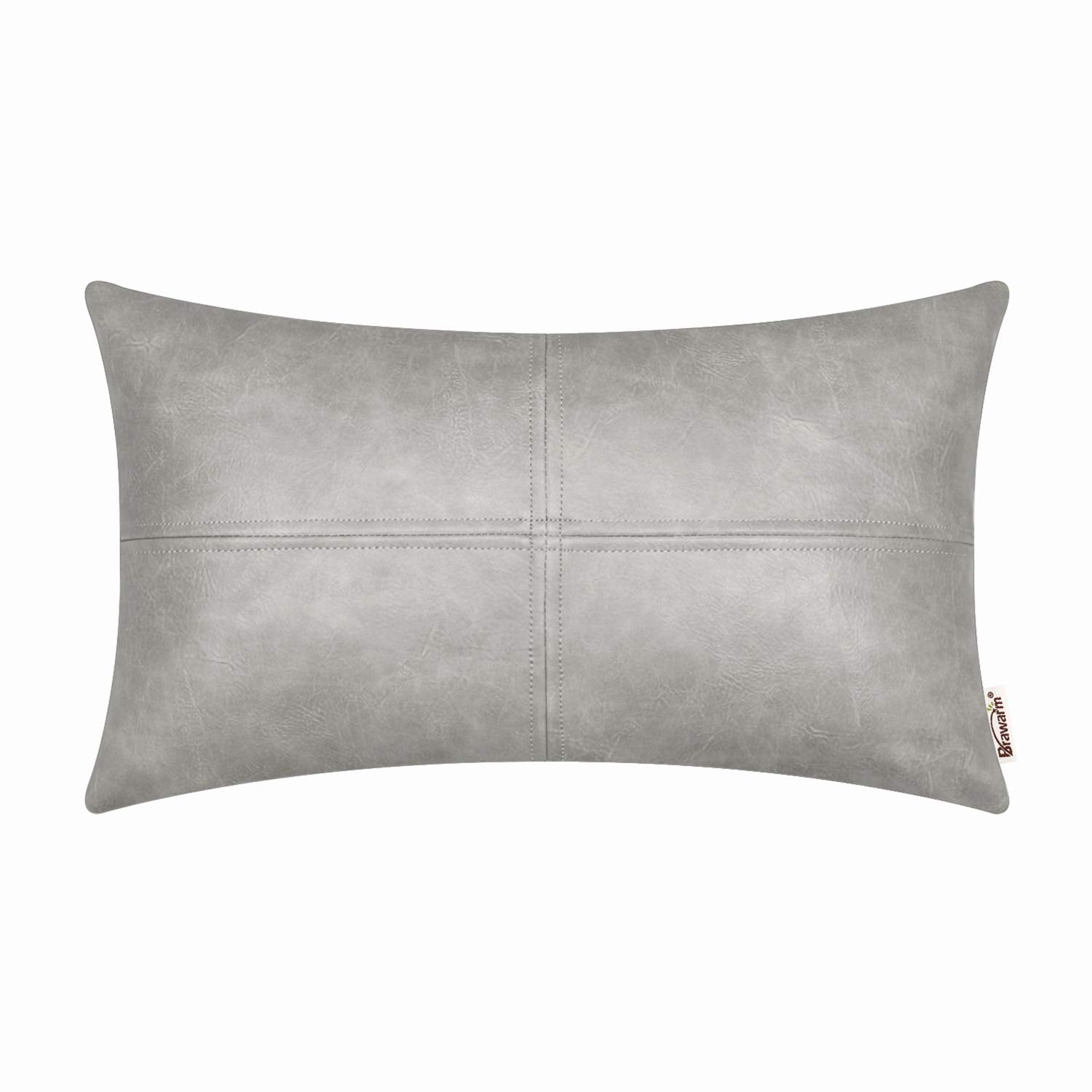 Brawarm Faux Leather Throw Pillow Covers 12 X 20 Inches, Gray Leather Pillow Cover, Hand Stitched Leather Decorative Lumbar Pill